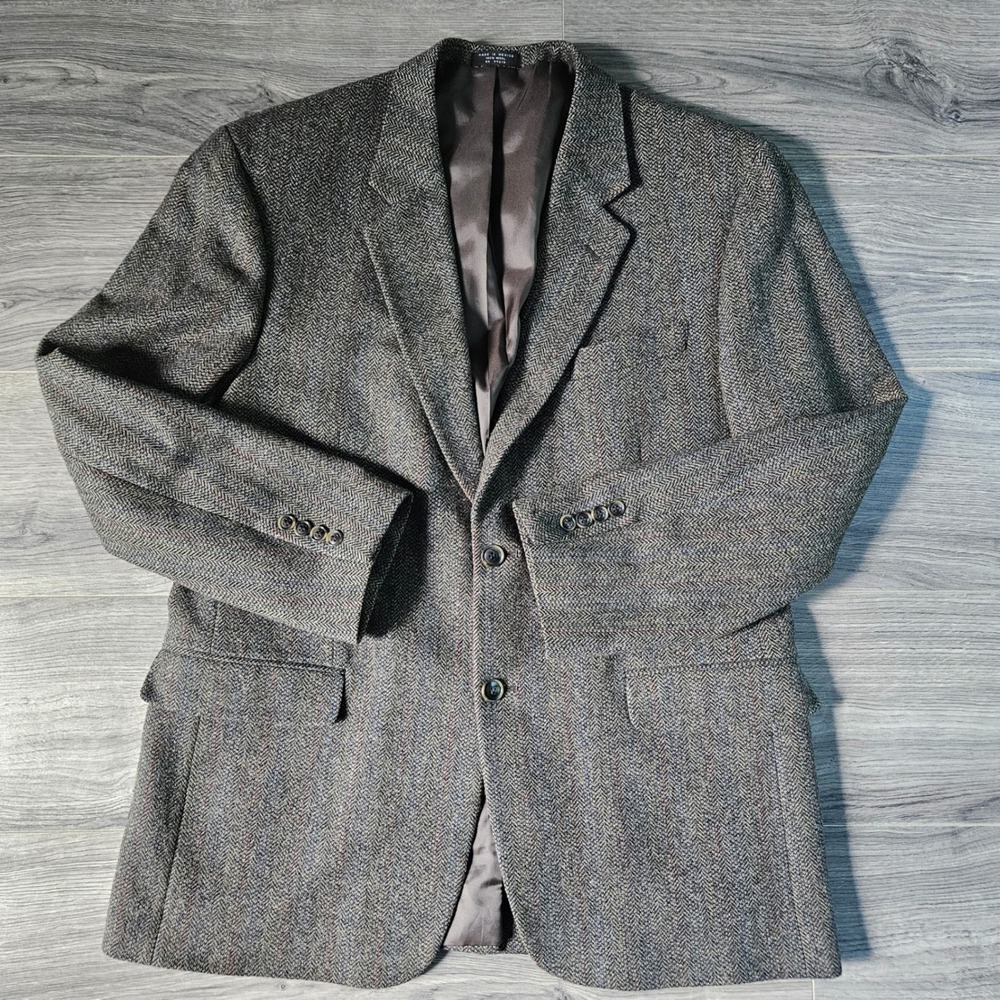Cricketeer Mens 44R Grey Herringbone 100% Lambswool Blazer Sport Coat Vintage